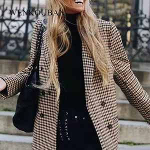 Fashion Plaid Women Blazers Slim Office Lady Blazer Female Long Sleeve Suit Jacket Casual Double Breasted Coat Bleizer Mujer