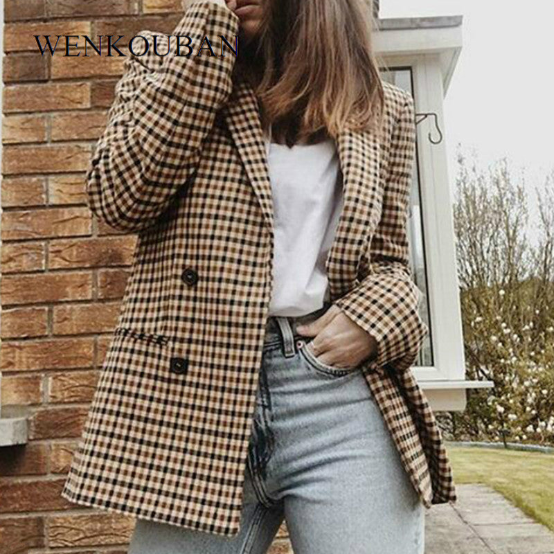 Fashion Plaid Women Blazers Slim Office Lady Blazer Female Long Sleeve Suit Jacket Casual Double Breasted Coat Bleizer Mujer