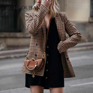 Fashion Plaid Women Blazers Slim Office Lady Blazer Female Long Sleeve Suit Jacket Casual Double Breasted Coat Bleizer Mujer