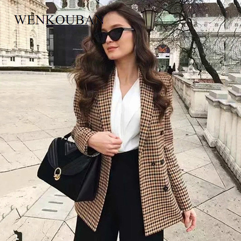 Fashion Plaid Women Blazers Slim Office Lady Blazer Female Long Sleeve Suit Jacket Casual Double Breasted Coat Bleizer Mujer