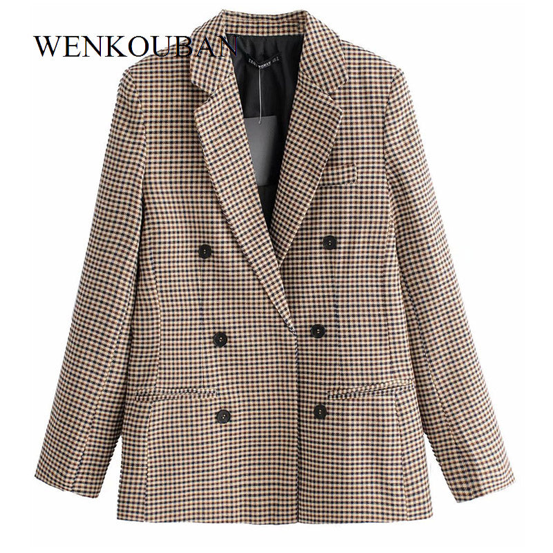 Fashion Plaid Women Blazers Slim Office Lady Blazer Female Long Sleeve Suit Jacket Casual Double Breasted Coat Bleizer Mujer