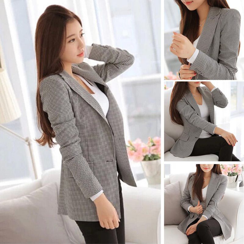 Autumn Women Plaid Long Sleeve Blazers